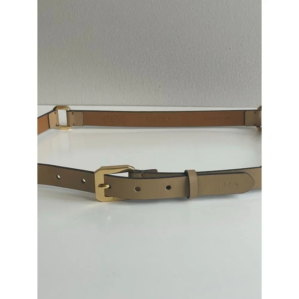 Lauren Ralph Lauren Women’s Tan Leather Belt Gold Square Link Connector M L